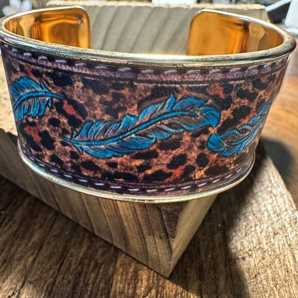 Boho Southwestern Feather Turquoise Floral Wide Cuff Bangle Bracelet, Ships in - Picture 2 of 8